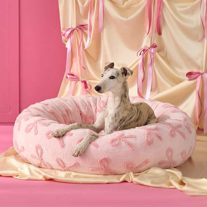 Lesure Shown on TV Jacquard Donut Dog Beds Extra Large,Pink Taffy 42x42x9in | XL Orthopedic Calming Pet Bed Sofa, Original Design Pattern,Washable Cover, Home Decor as Gift for Pet,Anti Slip Bottom