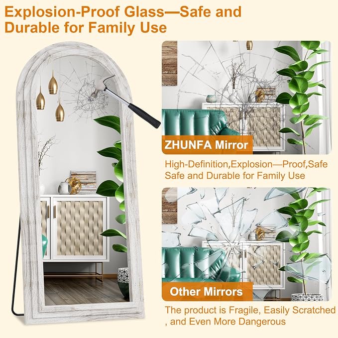 ZHUNFA External Three-Layer Arched Full Length Mirror with Solid Wood Frame | 65x22 Modern Farmhouse Decor Standing Mirror Full Length, Wall Mounted, Leaning, Standing for Bedroom, Living Room, White.