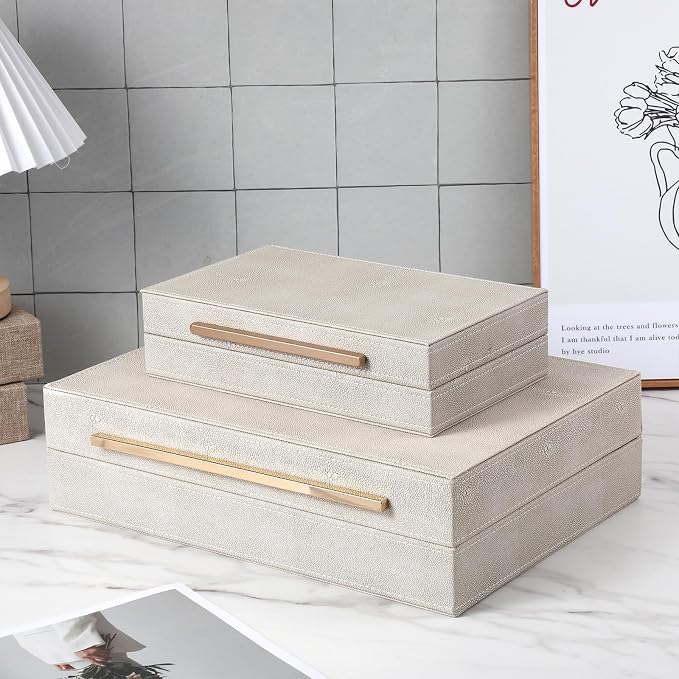 Set of 2 Beige Shagreen Decorative Storage Boxes with Lids PU Memory Boxes | 13.8/9.8inch PU Leather Large Nesting Organizer Bins with Gold Handles for Keepsakes, Photos, Modern Home Decor