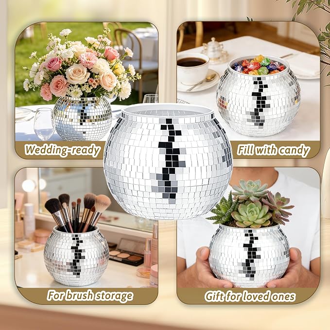 6 Pcs Disco Ball Vases,Plastic Disco Ball Centerpieces 6" X 6.7" Disco Ball Decor Silver Mirror Disco Ball Planter Can Be Used for Wedding Centerpieces,Birthday,Office