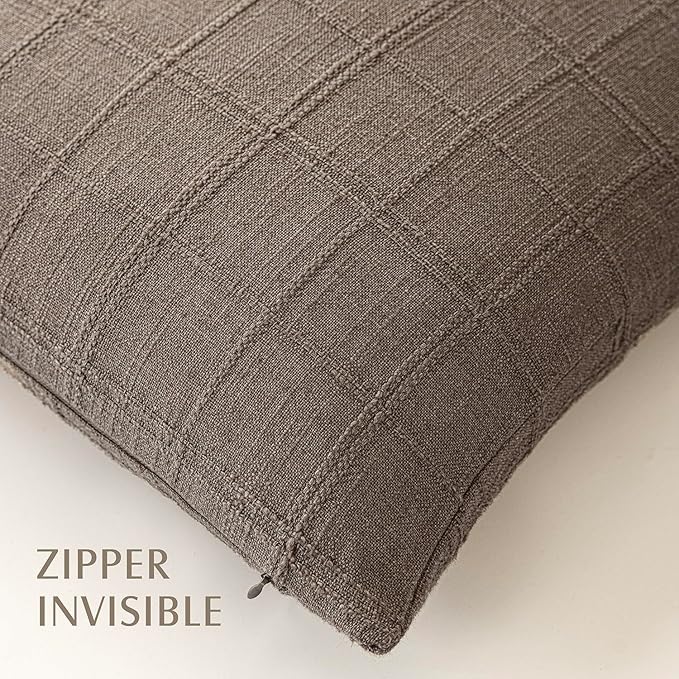 Foindtower Set of 2 Decorative Linen Check Throw Pillow Covers Neutral Farmhouse Vintage Cushion Covers Modern Boho Home Decor for Sofa Chair Couch Bedroom Living Room,24×24 Inch,Taupe Grey