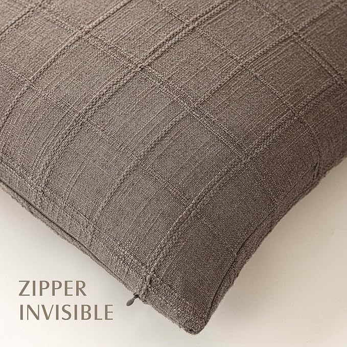 Foindtower Set of 2 Decorative Linen Check Throw Pillow Covers Neutral Farmhouse Vintage Cushion Covers Cozy Modern Boho Home Decor for Sofa Chair Couch Bedroom Living Room,14×36 Inch,Taupe Grey