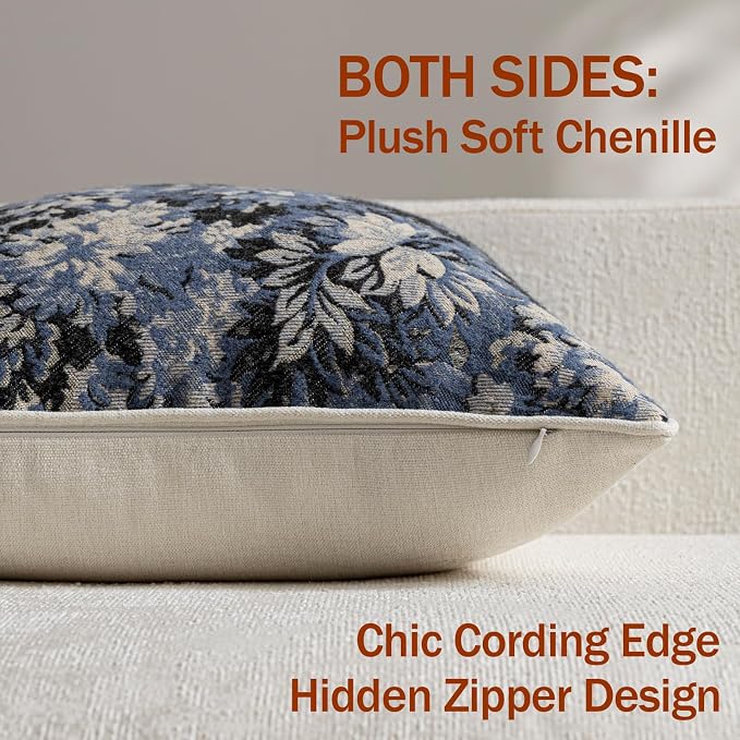 Pack of 2 Vintage Floral Euro Sham Covers 26x26 Boho Farmhouse Accents Chenille Square Decorative Throw Pillow Cases for Living Room Couch Bed Home Decor, Dusty Blue
