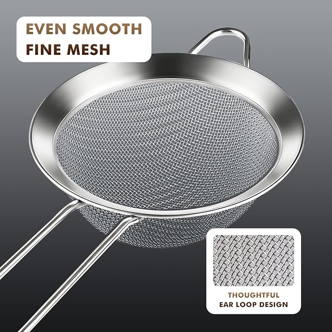 NileHome 3 Piece Mesh Strainers, Stainless Steel Strainer for Sifting, Straining, Cooking Kitchen Strainers Fine Mesh for Flour, Pasta, Loose Tea, Fruit, and Rice, Silver（3.1"+5.4"+7.8")