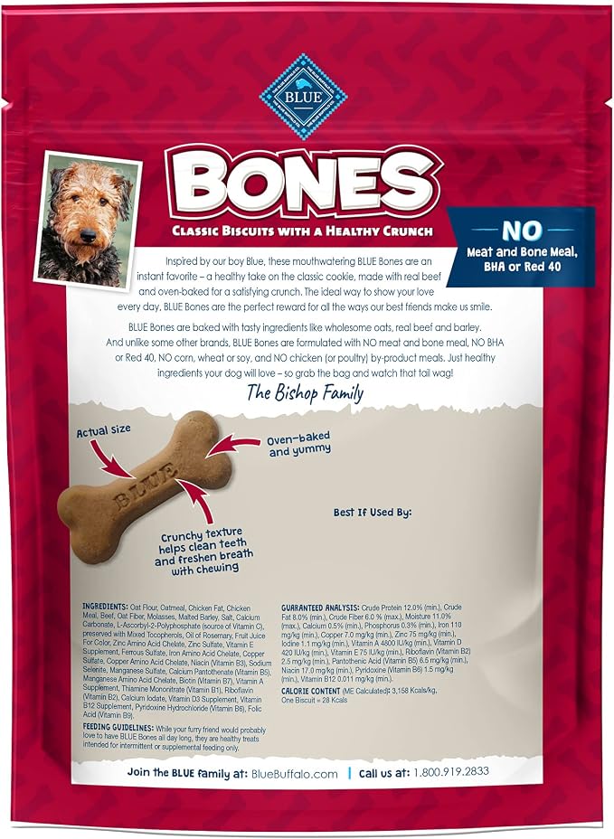 Blue Buffalo Bones Beef Medium Dog Biscuits, 16 oz, 4 ct | Real Beef First, Classic Bone-Shaped Biscuit, No BHA, Meat & Bone Meal, or Artificial Preservatives