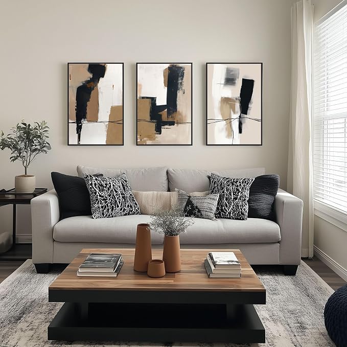 SAFERRYHOME Neutral Abstract Black and Tan Brown Wall Art Set of 3, 16"x24" | Black and Tan Brown Framed Canvas Print Set,Mid-Century Modern Brown Minimalist Shapes for Living Room Bedroom Office Hallway