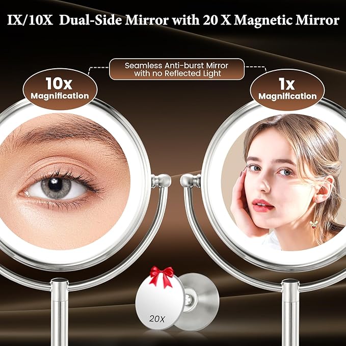 VESAUR 2025 9.3" Large 5000mAh Rechargeable Lighted Makeup Mirror Nickel, 1X/10X/20X HD Magnifying Mirror with Compact Suction, 3 Color Dimmable Light, 360°Swivel Seamless Vanity, Gift Box
