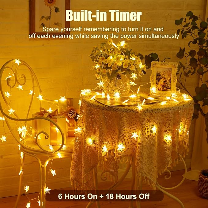 Minetom Star String Lights Battery Operated - 2 Pack 17 ft 50 LED Star Fairy String Lights with Timer, Waterproof for Indoor Bedroom Tent Loft Bed Patio Party Wedding Decor, Warm White