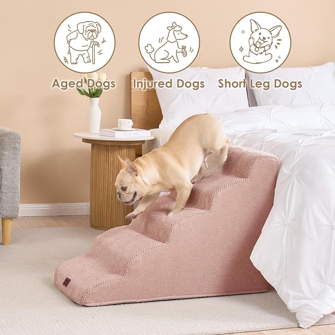 EHEYCIGA Curved Dog Stairs Ramp, 5-Step High Beds, 22.6" H Pet Step | 33D density of pure foam, for Small Dogs and Cats, Pet Stairs for High Bed Climbing, Non-Slip Balanced Indoor, Dusty Pink