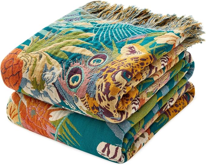 LUTBM Boho Throw Blanket for Bed 60"x80", All Season Cotton Couch Blankets | Reversible Leopard Jacquard, Gauze Twin Quilt, For Chair Sofa Living Room, Lightweight & Breathable, Whimsical Home Decor