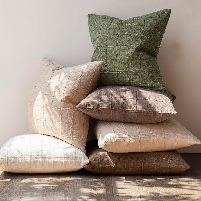 Foindtower Set of 2 Decorative Linen Check Throw Pillow Covers Neutral Farmhouse Vintage Cushion Covers Modern Boho Home Decor for Sofa Chair Couch Bedroom Living Room,20×20 Inch,Sage Green