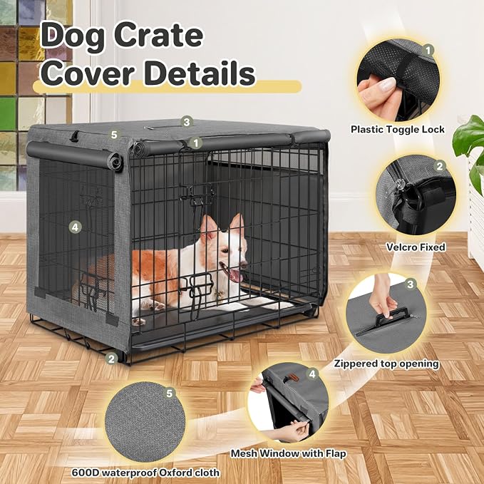 Seiyierr Dog Crate Cover - Kennel Cover Fit for 24 Inch Dog Crate, Double Door Polyester Crate Cover for Wire Dog Crate Indoor Outdoor Protection, Grey