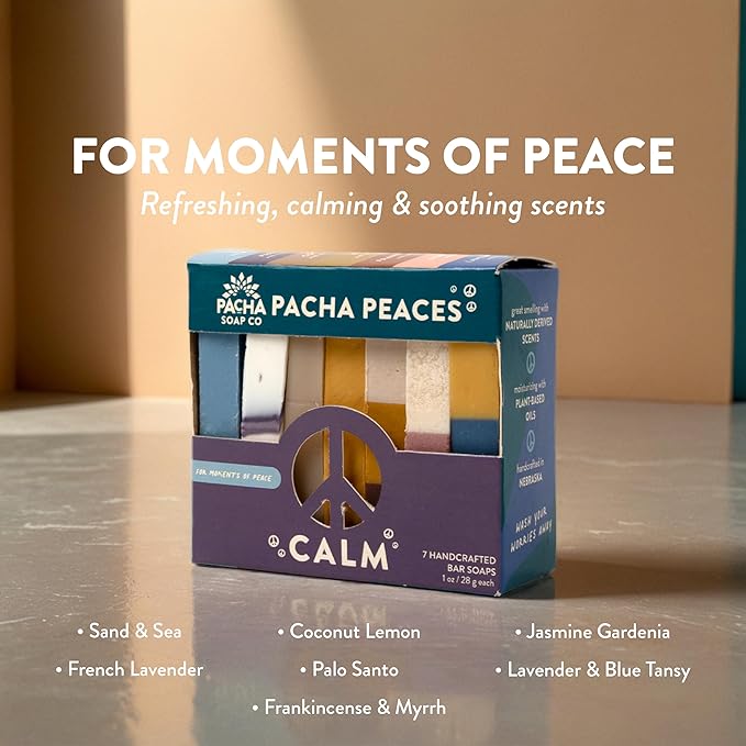 Pacha Soap Co. Bar Soap, Pacha Peaces, Calm, 2-Pack (4 oz ea) - Premium, Handcrafted, Hydrating, Natural Hand Cleanser, Face & Body Wash, Soothing Essential Oils