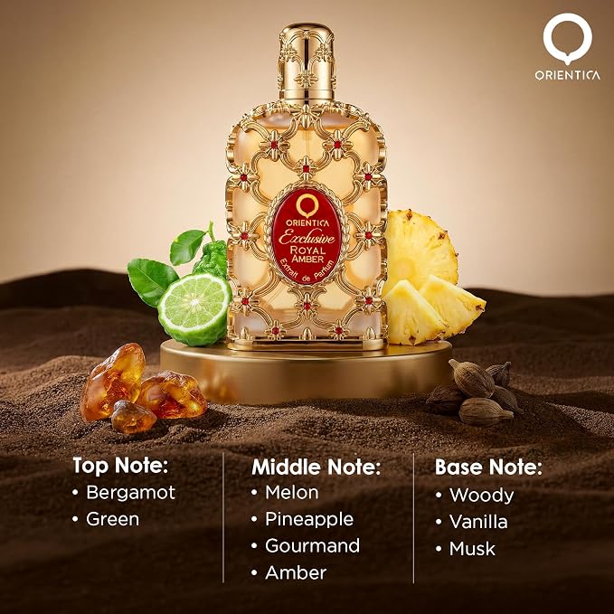 Orientica Luxury Exclusive Royal Amber Extrait de Parfum 2.7oz / 80ml – Fruity, Gourmand, Amber, Woody, Vanilla, Bergamot, Melon, Pineapple, Musk - Arabic Perfume for Men & Women