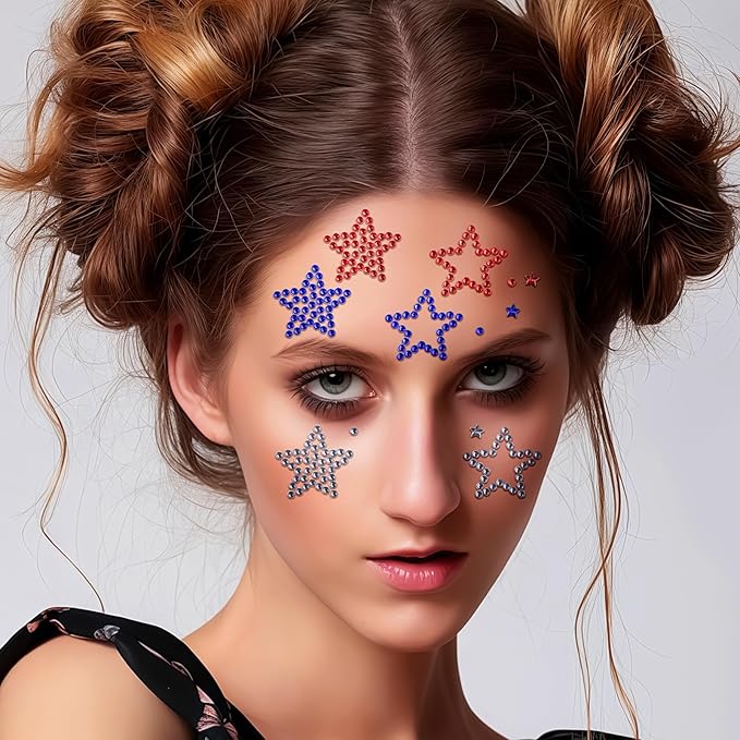 6 Sheets Self Adhesive Star Gem Stickers Red White Blue Rhinestone Stickers 4th of July Face Jewel Stick on Patriotic Face Makeup Sticker Independence Day Sticker for Body Nails Crafts Decoration