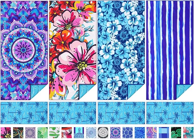 TwoYek 4 Pack Microfiber Thin Beach Towel Lightweight 71x32 Oversized Extra Large Sand Free Towels Quick Dry for Travel Pool Yoga Gym Sports Beach Accessories Vacation Essential Gift
