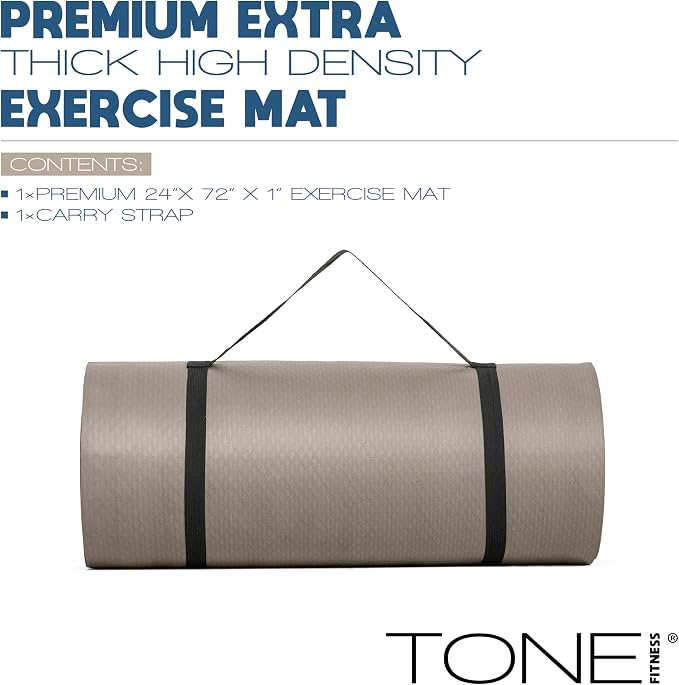 Tone Fitness 1-Inch Thick Yoga Mat | High-Density, Non-slip Exercise Mat with Carrying Strap for Yoga, Pilates, & Home Gym Workouts | Multiple Options