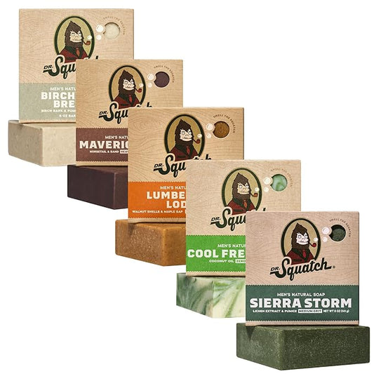 Dr. Squatch Natural Men’s Bar Soap - Cold Process Body Soap Bar with Natural Oils - Gifts for Men - Lumberjack Lodge, Cool Fresh Aloe, Birchwood Breeze, Maverick Musk & Sierra Storm (5 oz, 5-Pack)