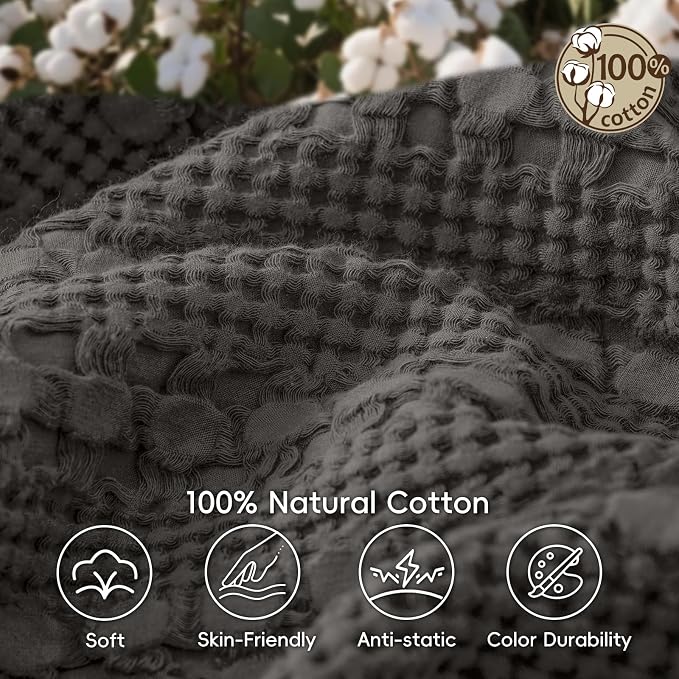 PHF 100% Cotton Waffle Weave Blanket Queen Size, Lightweight Breathable Summer Blanket for Hot Sleepers, Pre-Washed Soft Layer for Bed, Couch, Aesthetic Home Decor & Gift, 90"x90", Charcoal