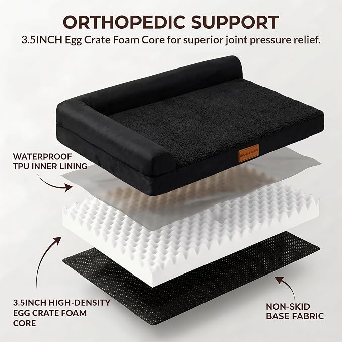Patas Lague Orthopedic Large Dog Bed Washable Pet Sofa Bed 48''X30''Black | 2-Sided Bolster Egg-Crate Foam Dog Couch Large Sized Dogs, Waterproof Removable Washable Cover, Nonskid Bottom Pet Crate Mat