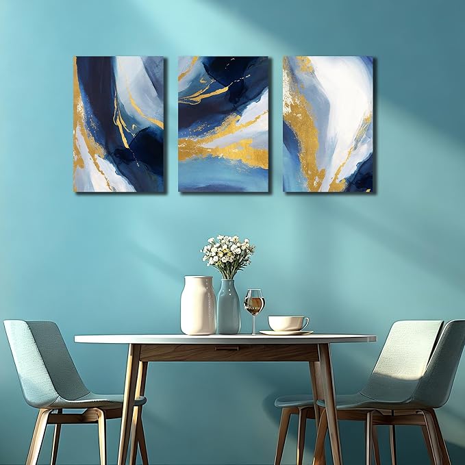 DNIEOTU Abstract Canvas Wall Art for Living Room, Blue and Gold Picture Prints Wall-Decor for Bedroom, Size 16 x 24 Inches 3-Pieces