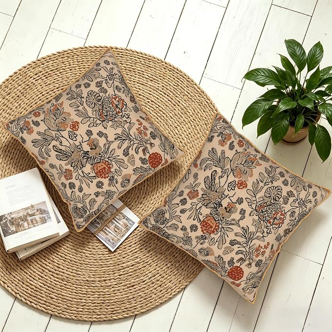 KSLIDS Art Boho Floral Soft Velvet Throw Pillow Covers Set of 2 Beige Rust Botanical Flowers Decorative Pillow Covers 20x20 Inch Farmhouse Vintage Pillow Case for Sofa Couch Living Room Home Decor