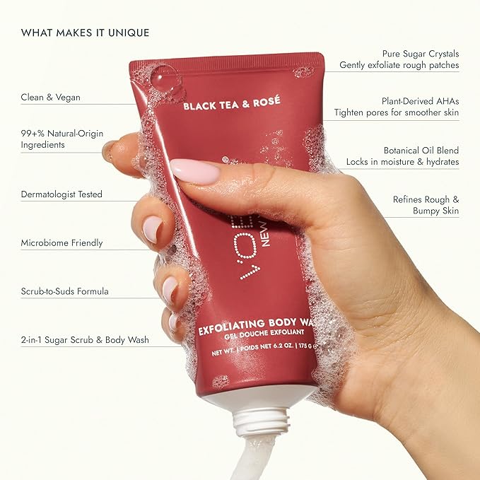VOESH Sugar Scrub & Exfoliating Body Wash with Plant-Derived AHAs & Vegan Probiotics, K-Beauty Korean Skincare - Black Tea & Rosé