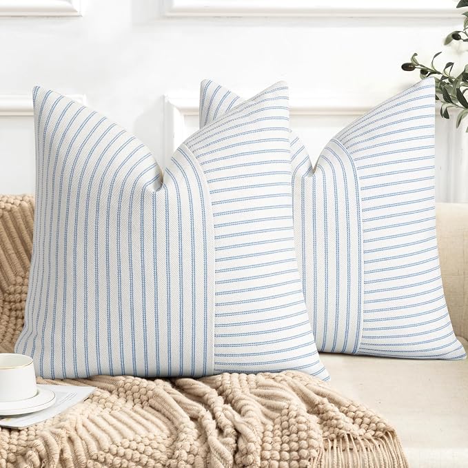 YCOLL Farmhouse Euro Sham Pillow Covers 26x26, Modern Throw Pillow Covers Set of 2, Light Blue and Beige Striped Patchwork Linen Decorative Cushion Covers for Bed Sofa Couch Living Room Home Decor