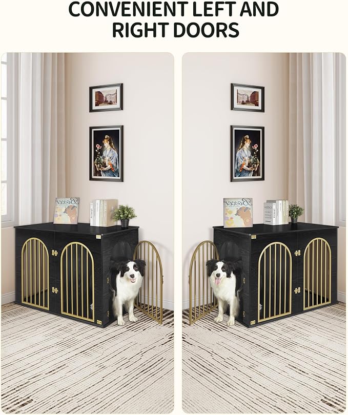 Hzuaneri 44.1'' Dog Crate Furniture,Dog Kennel Indoor for Medium/Large Dogs | Dog Kennel Furniture Wooden Dog Cage Heavy Duty Dog Crate Decorative Pet House End Side Table TV Stand,Black Gold DFC83904A