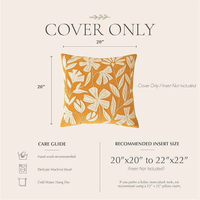 Throw Pillow Cover 20x20 Inch, Mustard Floral Tufted Velvet Decorative Accent Pillow Case for Sofa Bed Living Room, Cover Only