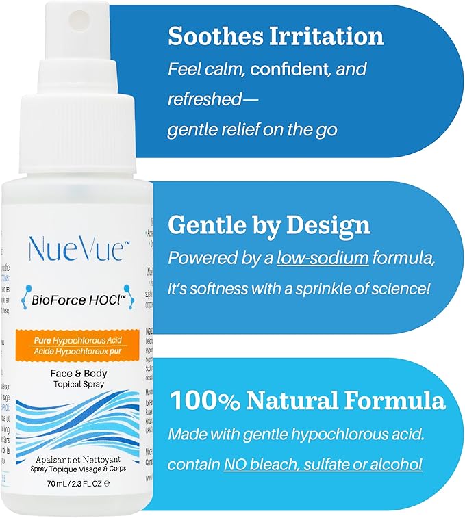 BioForce HOCl - Pure Hypochlorous Acid Spray for Face Travel Size Toner & Cleanser - Made in Canada - Acne-Prone Skin & Eczema, Piercing aftercare, pH Balanced, Non-comedogenic - NueVue (2.3 oz)