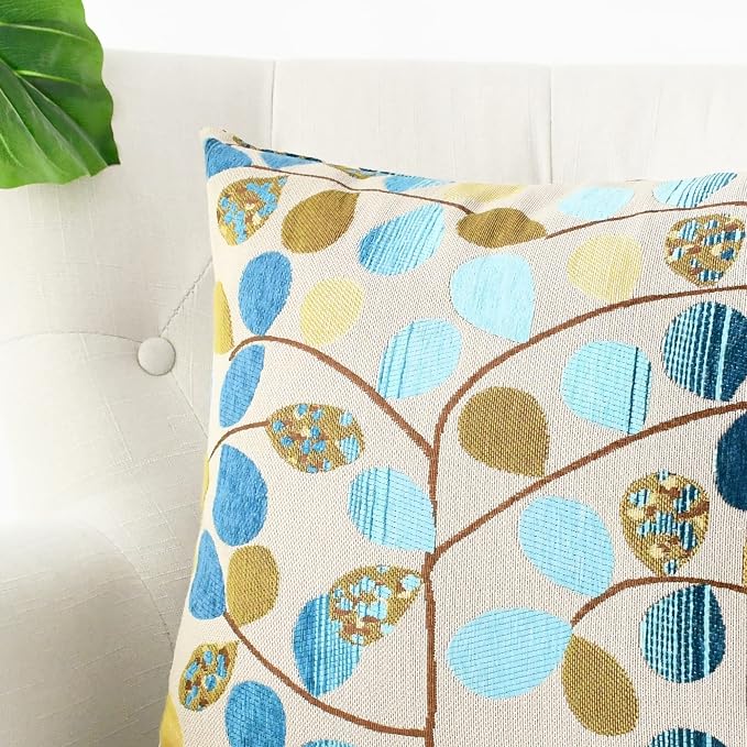 CaliTime Decorative Throw Pillow Covers 16 X 16 Inches Ecru Blue | Luxury Chenille Cute Leaves Cushion Case Shell for Couch Sofa Bed Living Room Home
