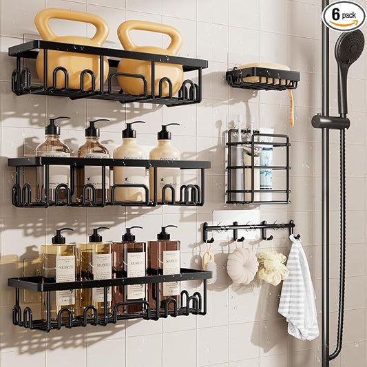 Veken Shower Caddy 6-Pack with Hooks, Bathroom Organizers & Storage, Black | Advanced Rustproof Design, Large Capacity, No Drilling, Adhesive Shelves Rack, Wall-Mounted Kitchen & Home Decor