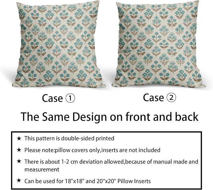 Brown Cyan Floral Block Print Pillow Covers 18x18 Inch Set of 2, Vintage Flower Pattern Decorative Throw Pillowcases Outdoor Farmhouse Cushion Covers Spring Summer Rustic Sofa Couch Bed Decor
