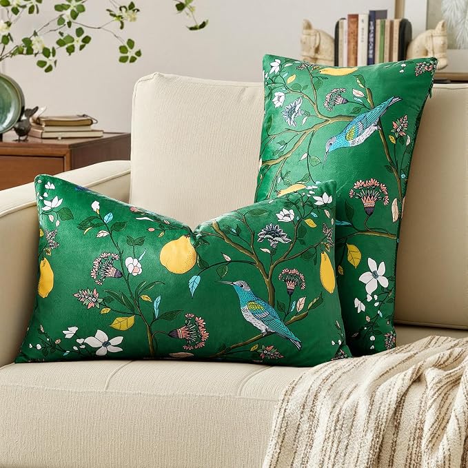MUSSEL Green Velvet Floral Decorative 12x20 Lumbar Pillow Covers Set of 2 | Durable and Sturdy,Botanical Printed Pattern,Throw Pillows Case,Rectangle,Colorful Farmhouse ,Home Sofa Bed Couch Decor