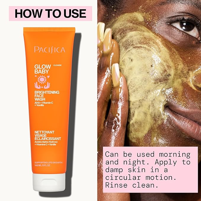 Pacifica Mini Glow Baby Brightening Facial Cleanser 1.4 oz – Vitamin C & Glycolic Acid (AHA) Face Wash– Daily Cleanser for Anti-Aging Exfoliating for Smooth, Even Glowing Skin Vegan Clean Beauty