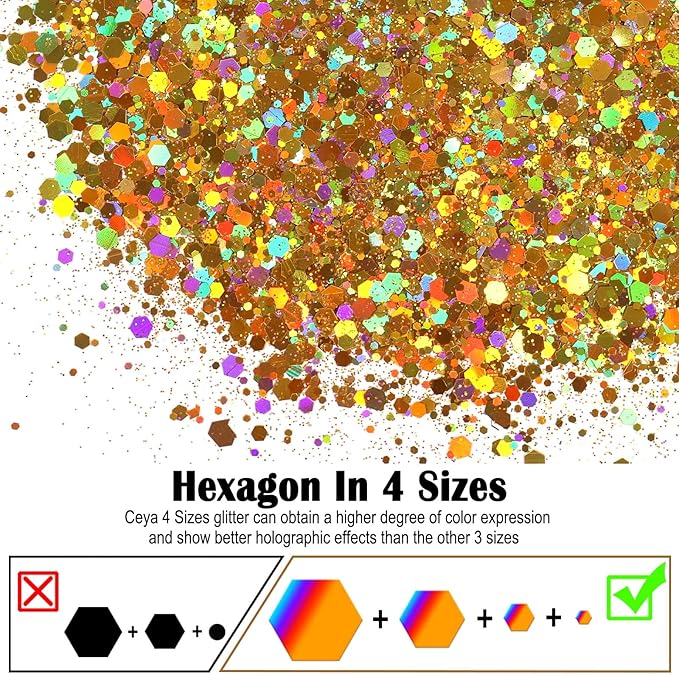 Ceya Holographic Chunky Glitter, 4.9oz/ 140g Gold Craft Glitter Powder Mixed Chunky & Fine Flakes Iridescent Nail Sequins for Nail Art, Hair, Epoxy Resin, Tumblers, Slime, Painting, Festival Decor