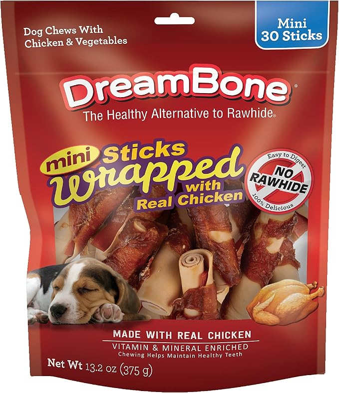 DreamBone Mini Chicken Wrapped Stick Rawhide-Free Dog Treats, 30 Count | Daily Chew, Digests Safely and Completely, Made With Real Protein, Chicken and Veggies, For Adult Dogs