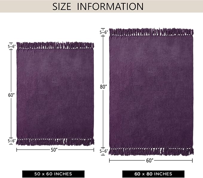 Chenille Throw Blanket for Couch 60" x 80" Twin, Dark Purple | Soft Cozy Warm Throws with Fringe Tassel, for Living Room Bed Sofa Chair Cover, Lightweight Knitted Decorative Boho Blankets