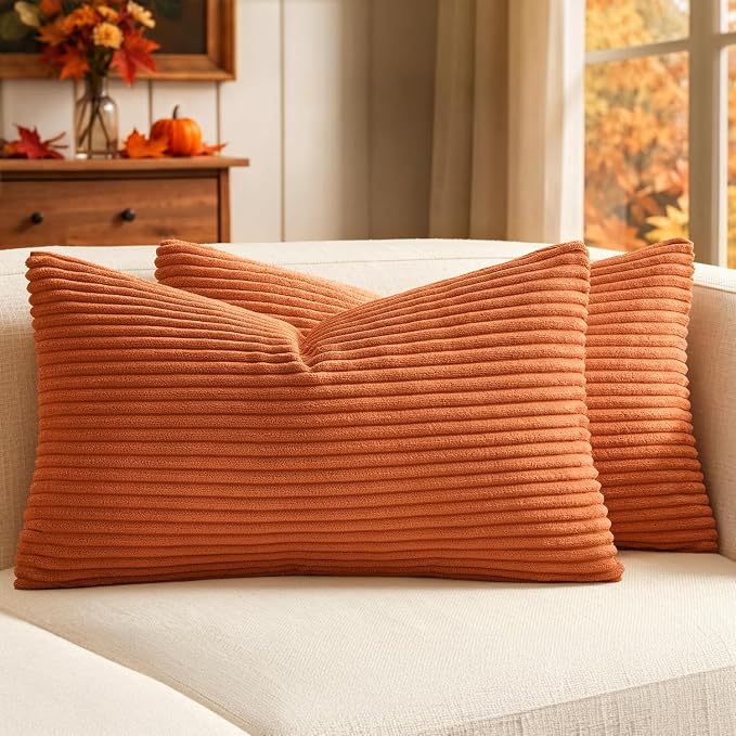 MIULEE Fall Lumbar Corduroy Throw Pillow Covers Set of 2 12x20 Orange | Decorative Striped Textured Cushion Cases, Boho Energetic Vibe Pillowcases, Home Decor for Couch Chair Sofa Bed Living Room