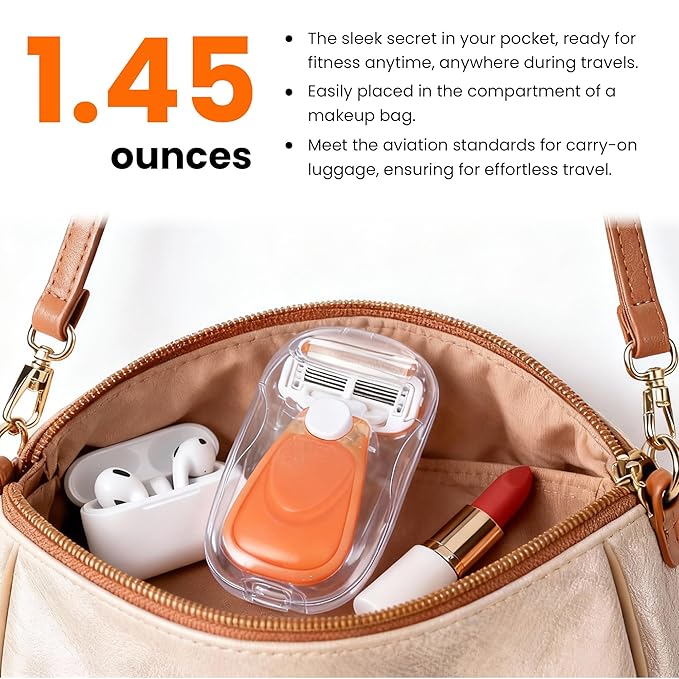 Mini Travel razor Kit for women with moisturizing bar - 1 Handle and 3 Cartridges - Extra Smooth 5-blade With Case for Close Shaving - Orange