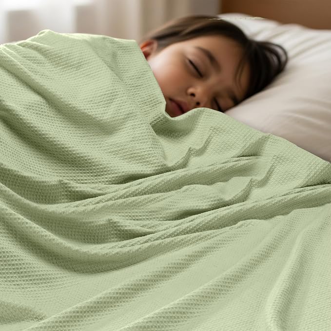 Utopia Bedding Cotton Blend Sage Green Waffle Blanket Queen - 90x90 Inches | Lightweight, Skin Friendly, Breathable, All Season, Luxury, Bed, Couch, Sofa