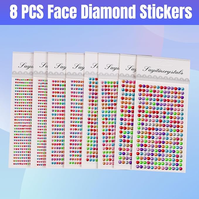 8 Sheets Rhinestone Stickers，3584 Pcs Gem Stickers for DIY Face Eyes Makeup Hair（Colored-3/4/5/6mm）