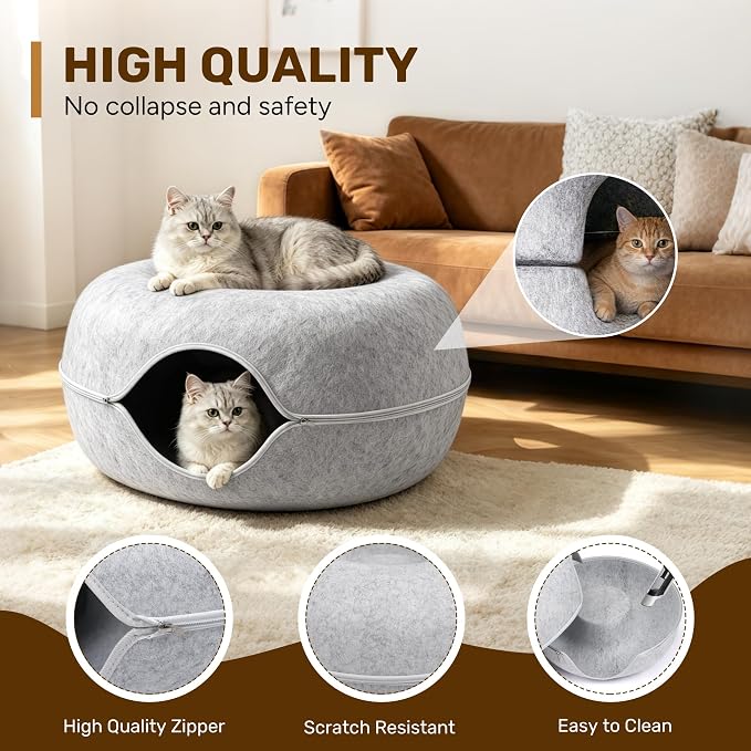 Cat Caves for Indoor Cats, Large Cat Tunnel for Multiple & Large Cats, Scratch Detachable Cave Bed, Kitten Donut Kitty Hideaway Up to 45 Lbs (Light Grey, Jumbo, 1 Pack)