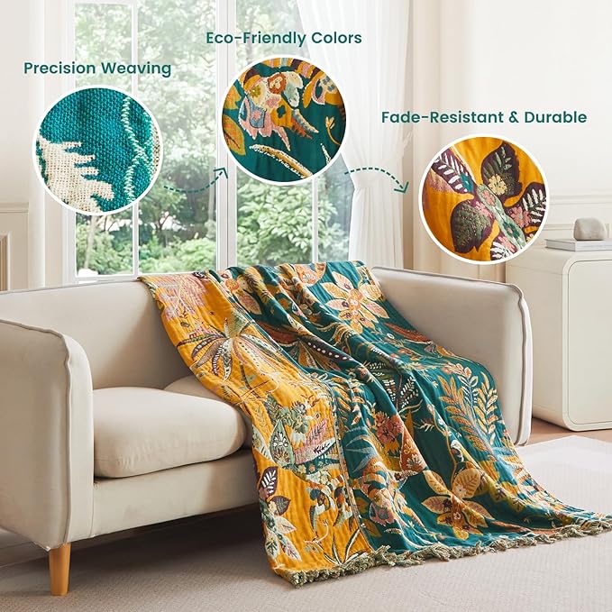 MSGKV Boho Throw Blanket 50"x60" Cotton Summer Floral Blanket for Couch | 100% Cotton Muslin, Floral Throw Blanket, Reversible Weave, Soft & Breathable, Botanical Home Decor, Machine Washable