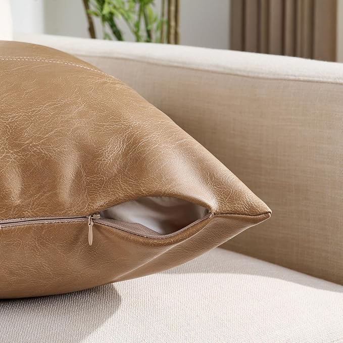 Fancy Homi Light Brown Boho Long Lumbar Faux Leather Decorative Throw Pillow Covers 12x20 Inch for Living Room Couch Bed Sofa, Hand Stitched Rectangle Cushion Case, Rustic Modern Farmhouse Home Decor