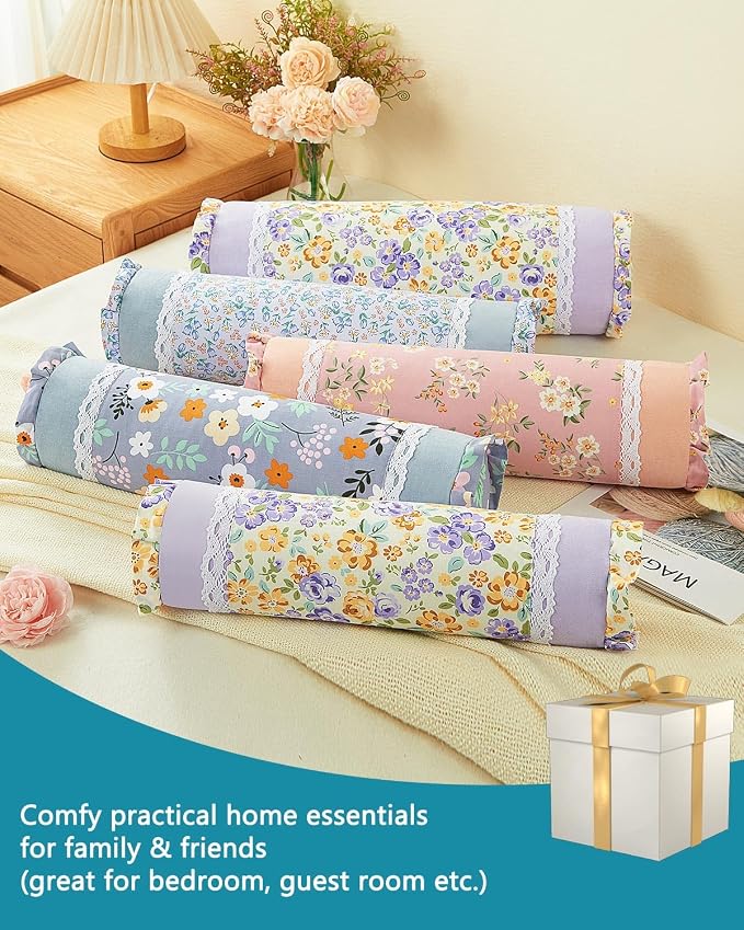 Buckwheat Neck Roll Pillow,15.7"x4.7" Adjustable Hard Cooling Cylinder Neck Support for Sleeping, Removable Soft Floral Pillow Covers, Ergonomic Yoga Bolster Pillow for Bed, Blue Flower