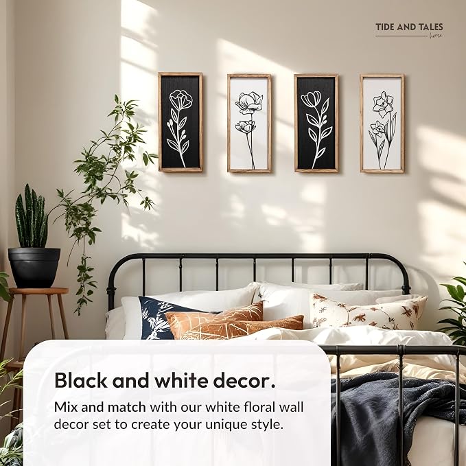 3D Vintage Black Living Room Decor (Set of 2) Lightweight, Wooden Ready-to-Hang Framed Moody Floral Wall Art for Bathroom, Bedroom or Office - Dark Textured Boho Farmhouse Wall Decor - Gift-Boxed