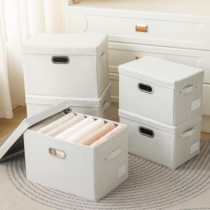 Collapsible Storage Bin with Lid [3-Pack] Fabric Foldable Storage Box Organizer Container Basket Cube with Cover for Home Bedroom Closet Office Beige(15.3x10x9.7)
