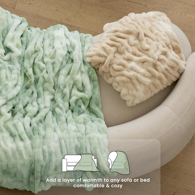 Ultra Soft Cozy Faux Fur Throw Blanket, Fuzzy Plush Thick Bubble Blanket, Luxury Fluffy Blanket for Couch, Sofa, Bedroom, and Living Room, 50x60 Inches,Tie-Dye Sage